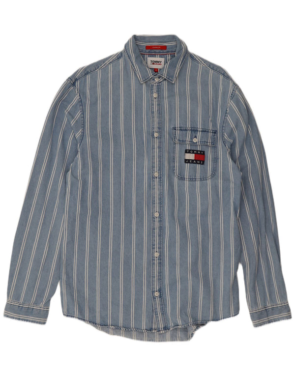 Tommy Hilfiger Camisa masculina Classic Fit de algodão listrado azul médio