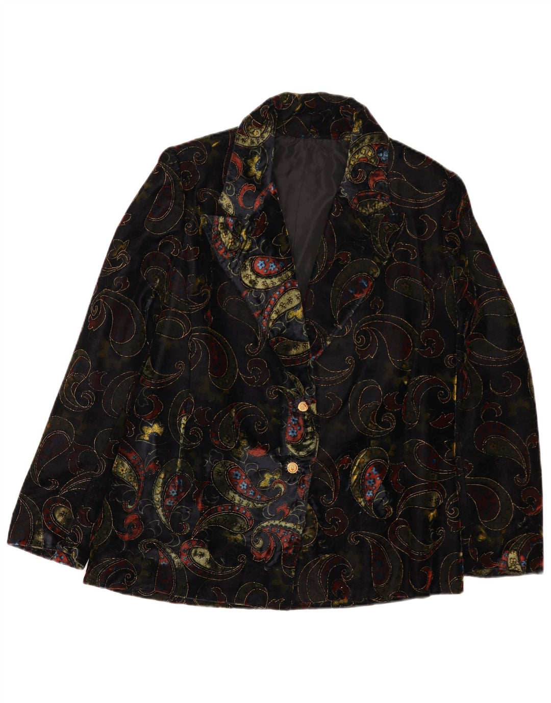 Jaqueta blazer feminina vintage de veludo com 2 botões UK 12 Paisley preto médio