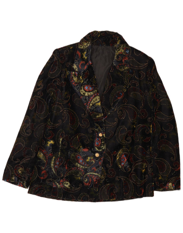 Jaqueta blazer feminina vintage de veludo com 2 botões UK 12 Paisley preto médio