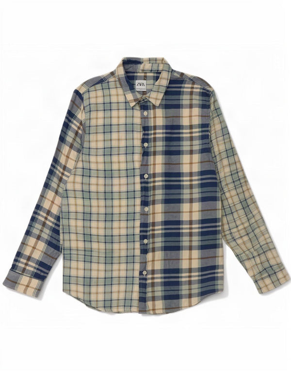 Zara Camisa masculina de flanela com ajuste relaxado XL azul xadrez de algodão