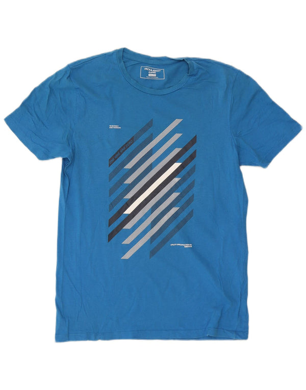 Camiseta masculina Jack & Jones Slim Fit com estampa gráfica grande de algodão azul