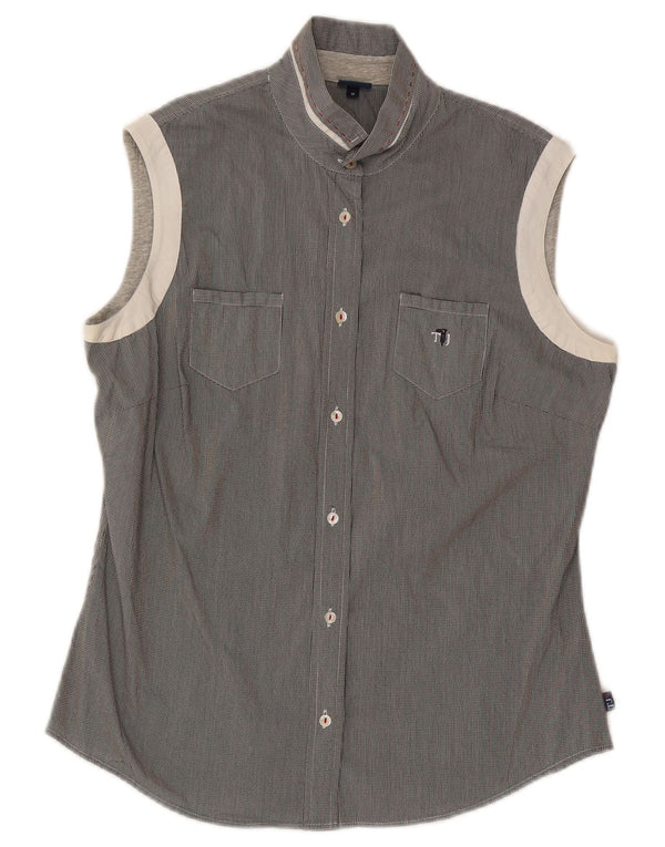 Camisa feminina sem mangas Trussardi Jeans UK 14 xadrez cinza médio