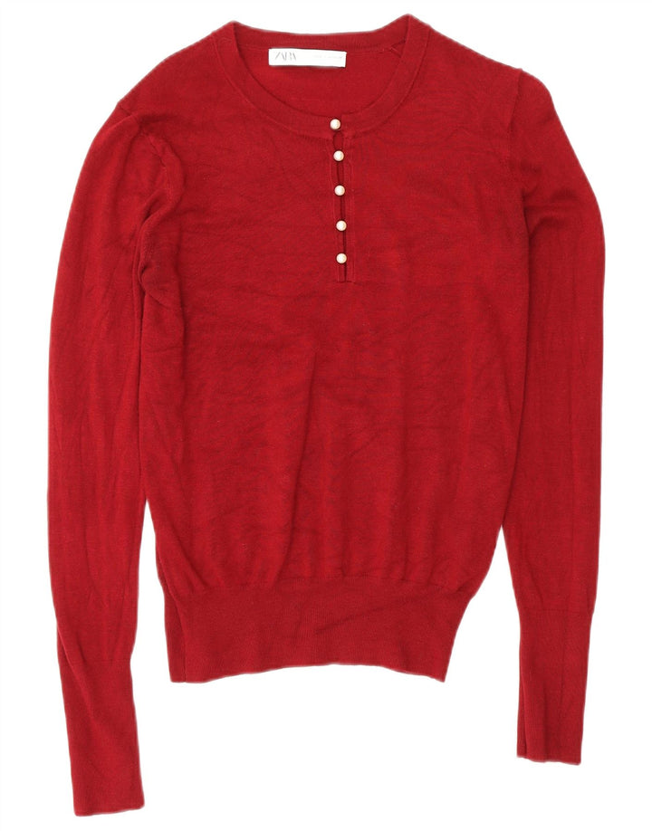 Zara Suéter feminino com gola redonda e botão UK 12 Viscose Borgonha Médio
