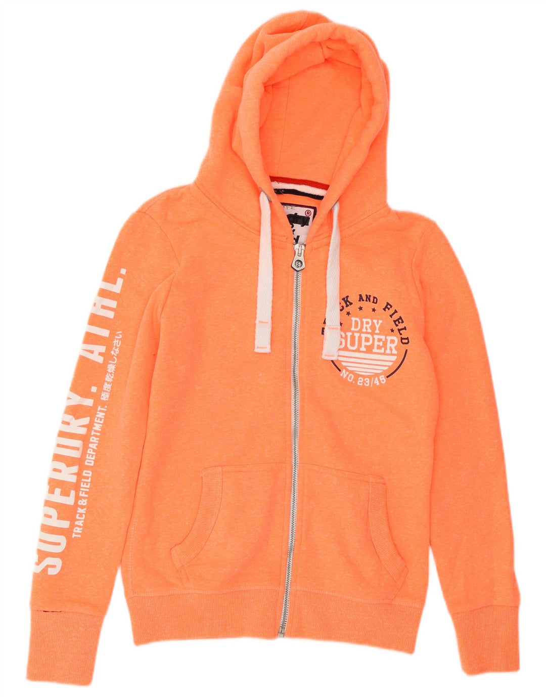 Suéter feminino SUPERDRY com capuz e zíper gráfico Reino Unido 10 pequeno laranja manchado
