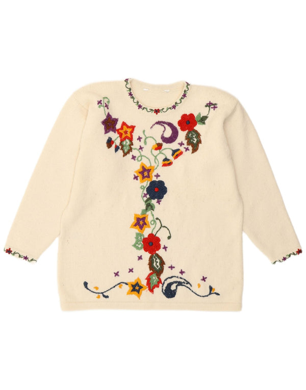 Suéter feminino vintage com gola redonda, Reino Unido 16, grande, branco, floral