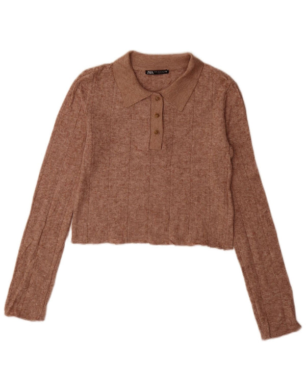 Suéter feminino Zara Crop Polo Neck Jumper Reino Unido 10 Pequeno Marrom