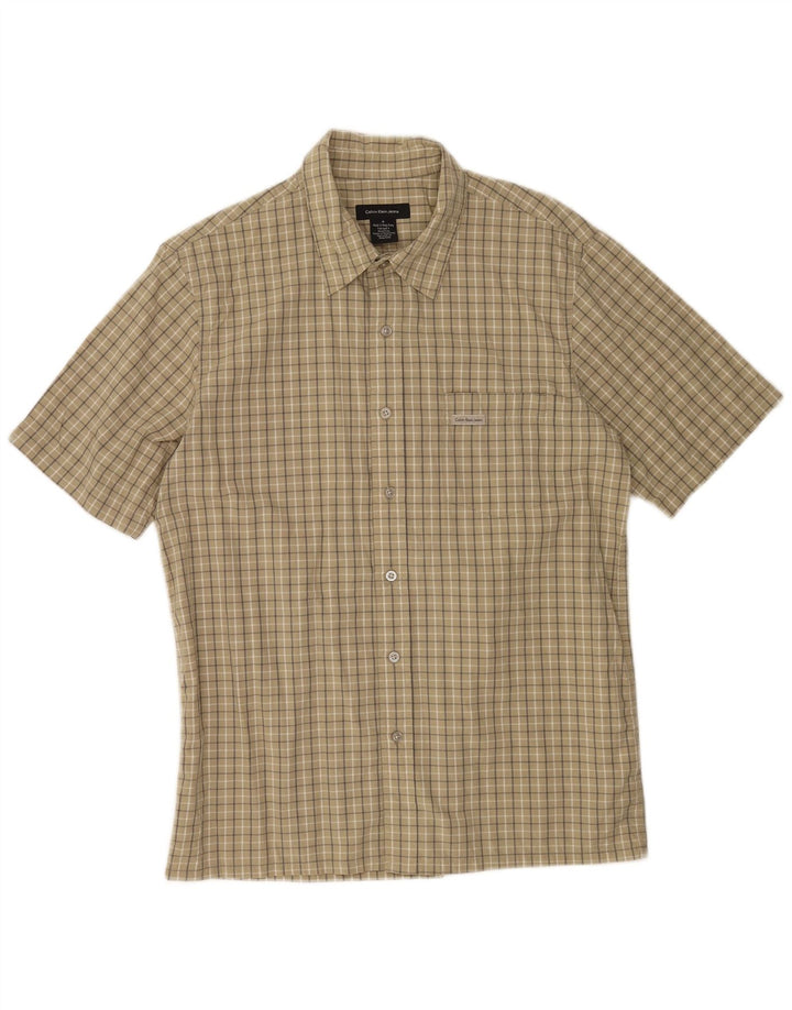 Calvin Klein Jeans Camisa masculina de manga curta médio cáqui algodão xadrez