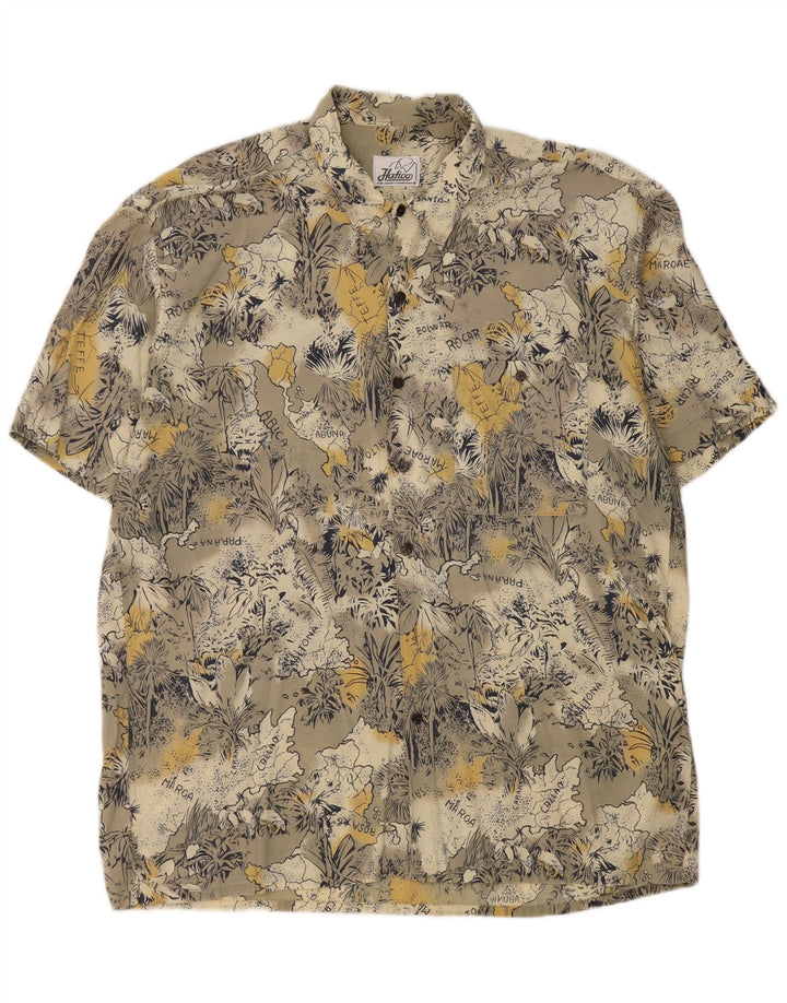 Camisa masculina vintage abstrata de manga curta cinza grande