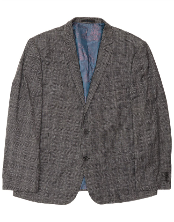 Jaqueta blazer masculina de 2 botões Ted Baker Reino Unido 46 3XL lã xadrez cinza