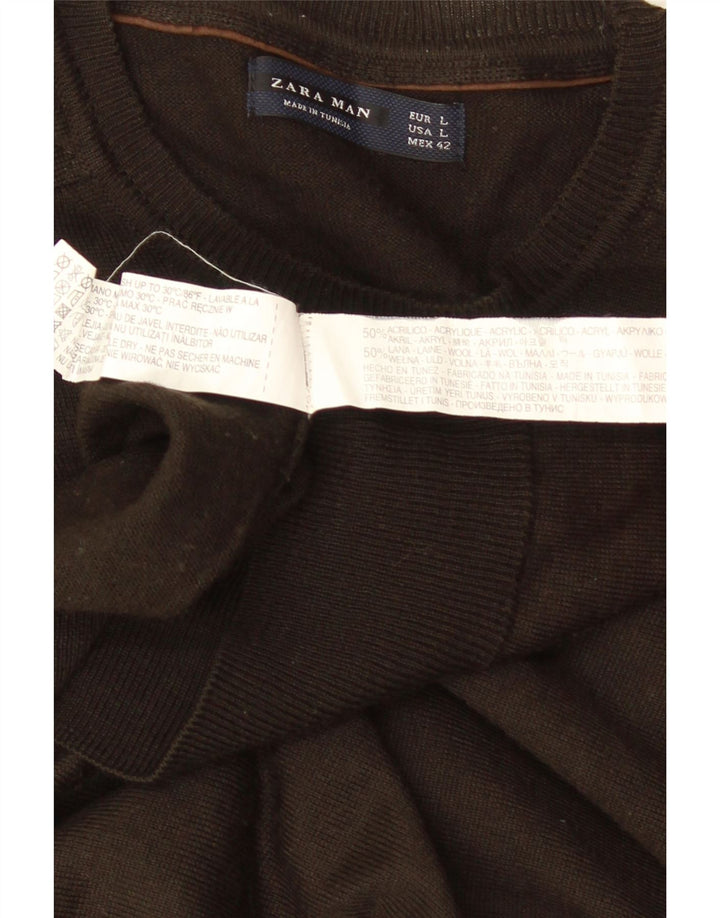 ZARA Suéter masculino com gola redonda grande acrílico marrom