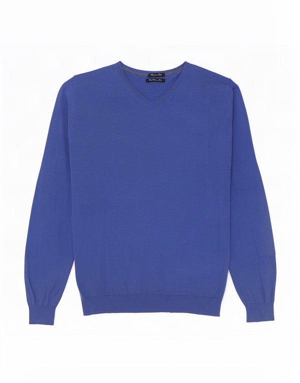 Suéter masculino Massimo Dutti com decote em V de algodão azul médio