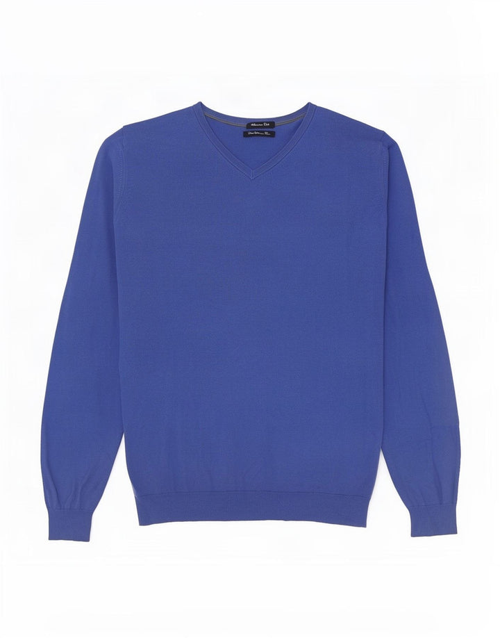 Suéter masculino Massimo Dutti com decote em V de algodão azul médio