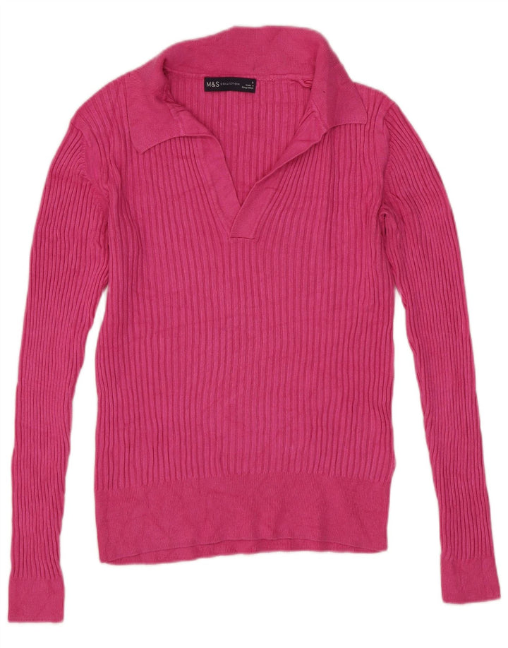 Suéter feminino Marks & Spencer com gola polo e viscose rosa pequena Reino Unido 8