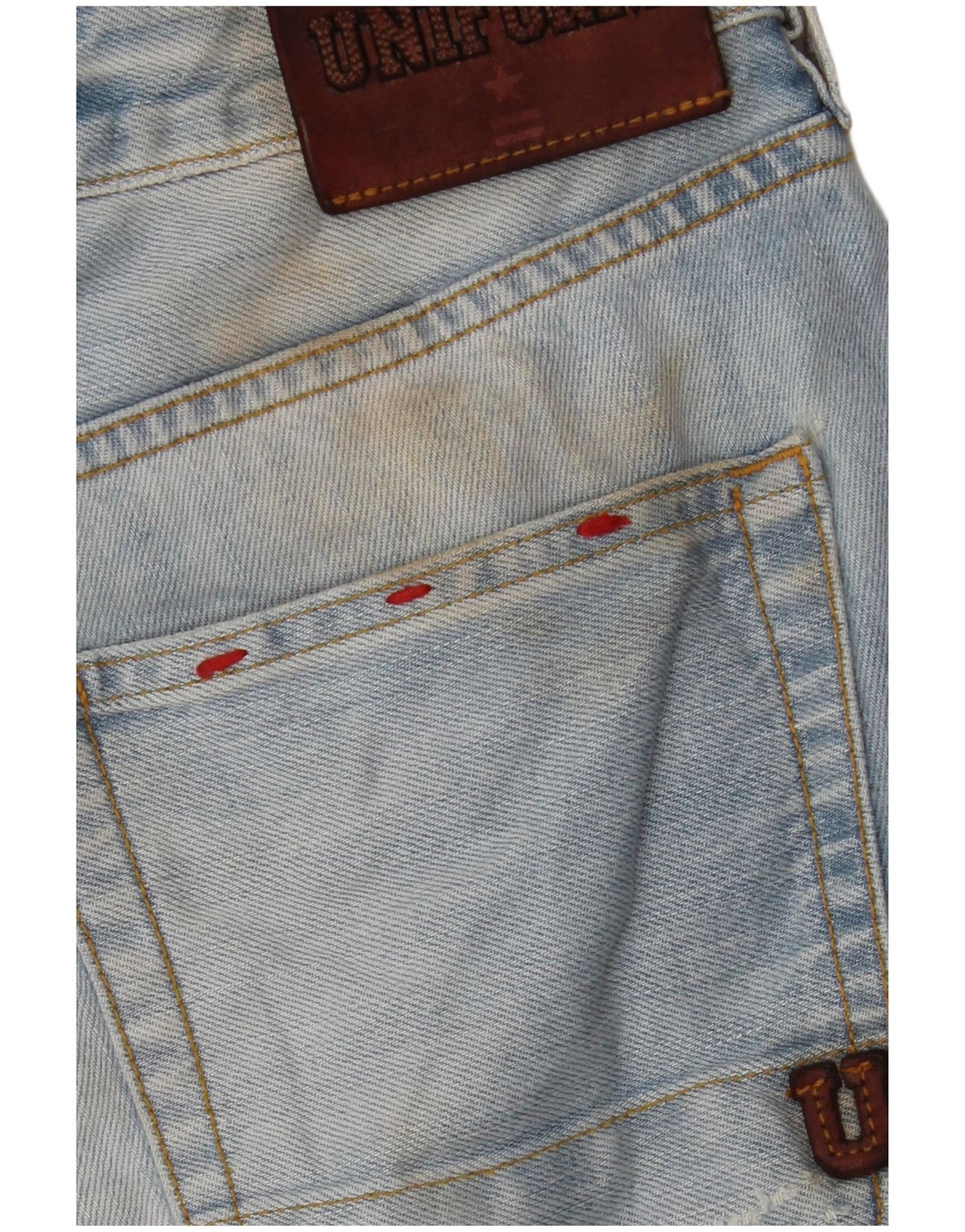Shorts jeans angustiados masculinos uniformes W30 algodão azul médio