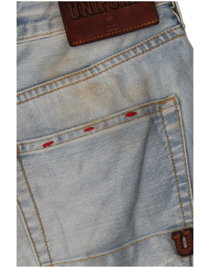 Shorts jeans angustiados masculinos uniformes W30 algodão azul médio
