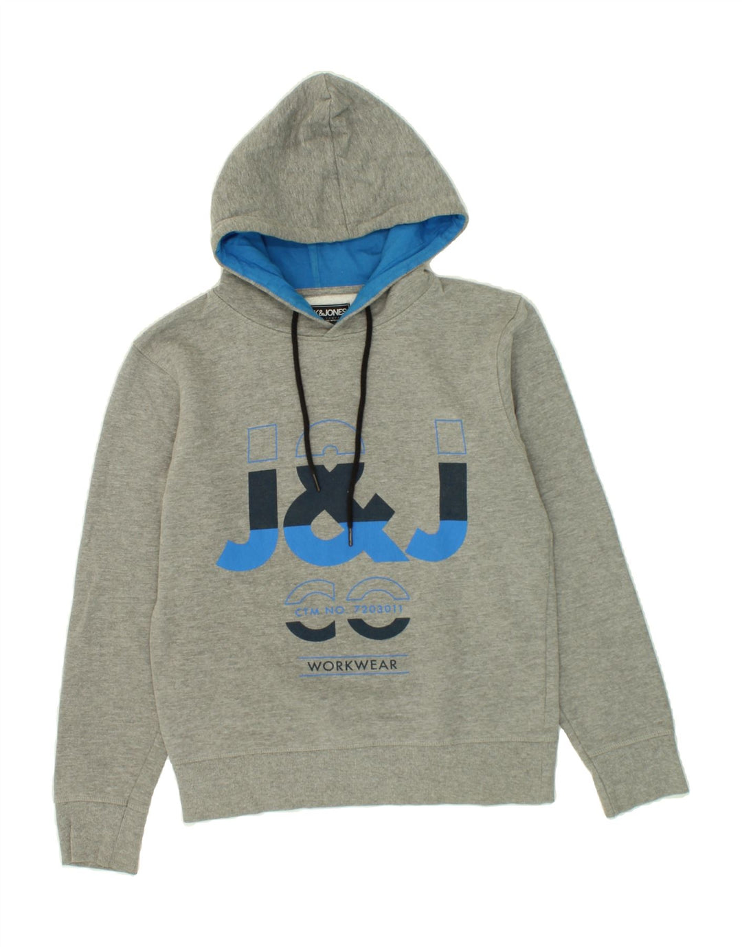 JACK & JONES Mens Workwear Graphic Hoodie Jumper Small Grey Cotton Vintage Jack & Jones and Second-Hand Jack & Jones from Messina Hembry 