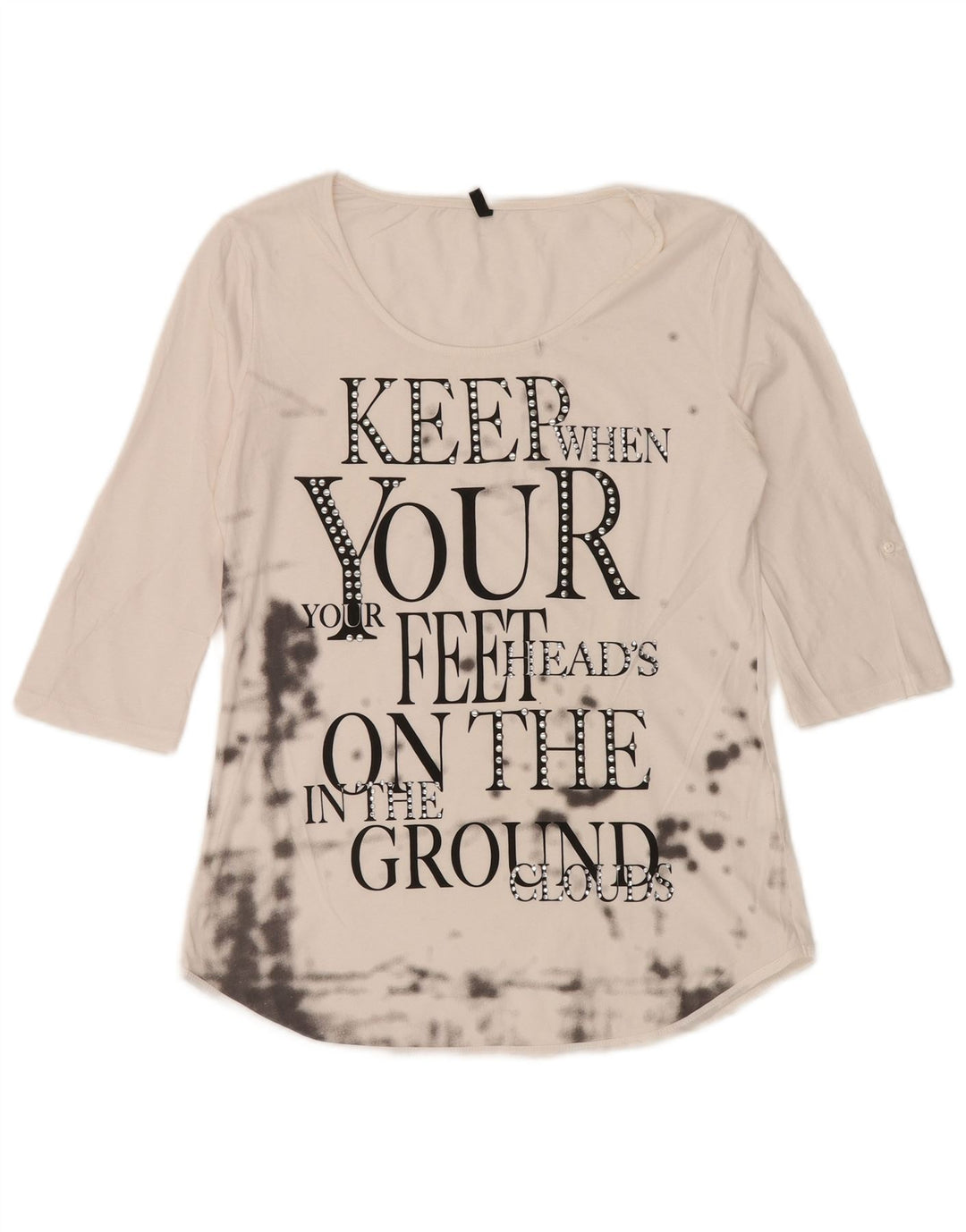 Top gráfico feminino BENETTON manga 3/4 UK 12 médio branco