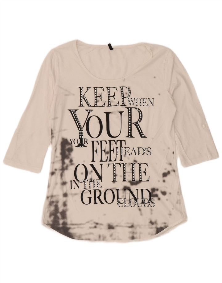 Top gráfico feminino BENETTON manga 3/4 UK 12 médio branco