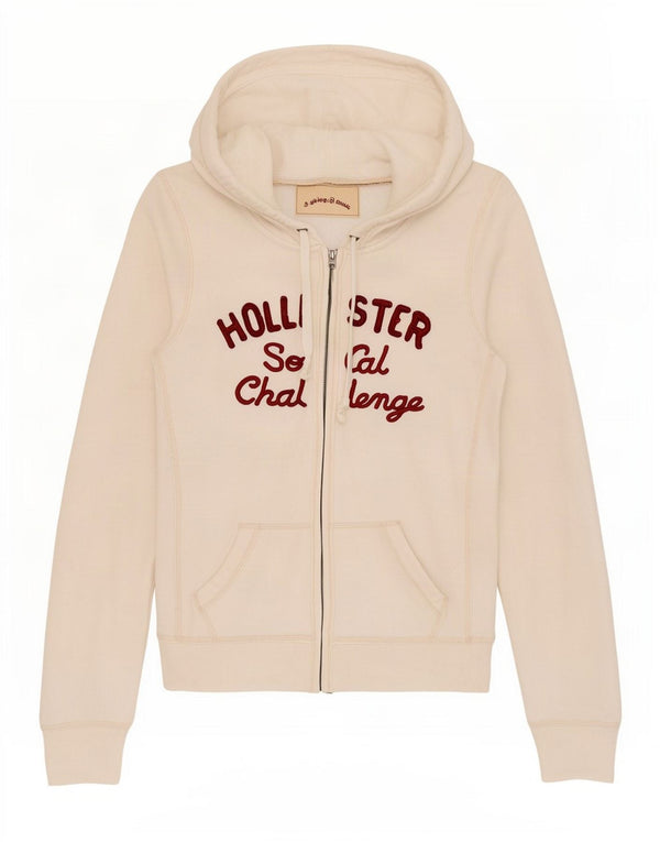 Suéter feminino Hollister com capuz e zíper gráfico Reino Unido 12 algodão branco médio