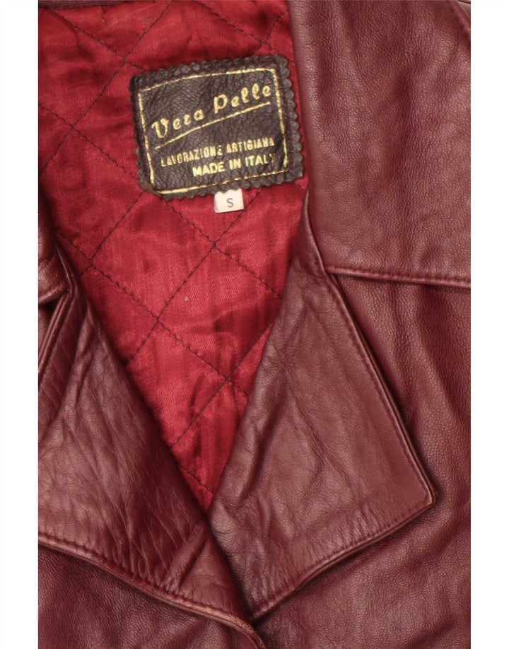 Jaqueta blazer de couro feminina vintage com 4 botões Reino Unido 10 pequena Borgonha