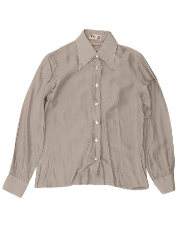 Blusa feminina VINTAGE Reino Unido 12 seda cinza médio