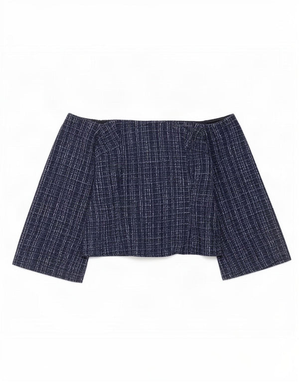 Top feminino Zara com ombro de fora UK 12 poliéster xadrez azul marinho médio