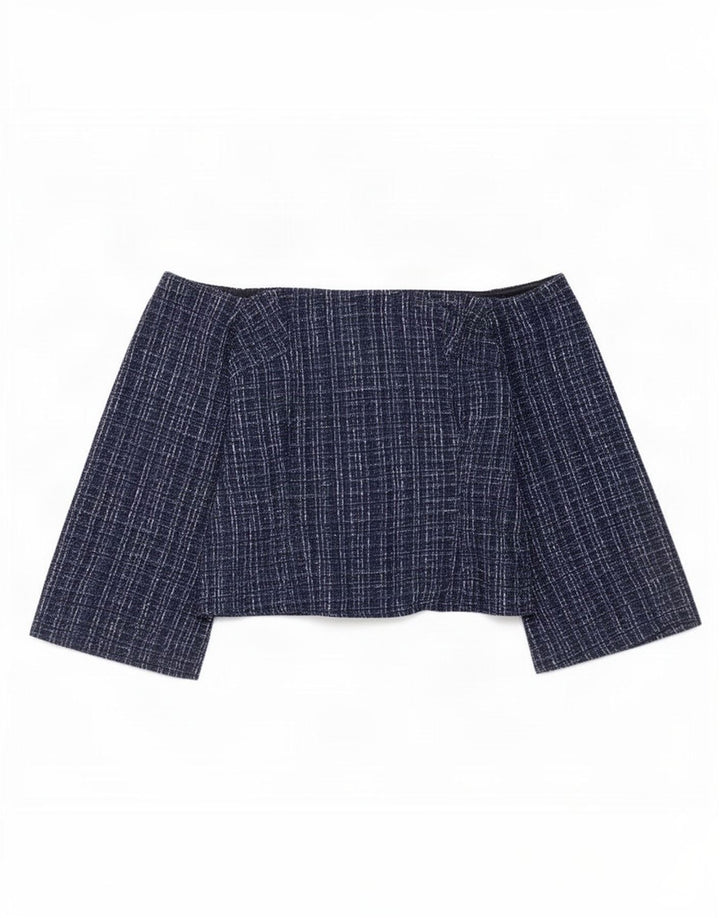 Top feminino Zara com ombro de fora UK 12 poliéster xadrez azul marinho médio
