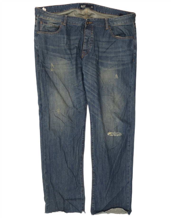 Rifle masculino desgastado jeans retos W42 L31 algodão azul
