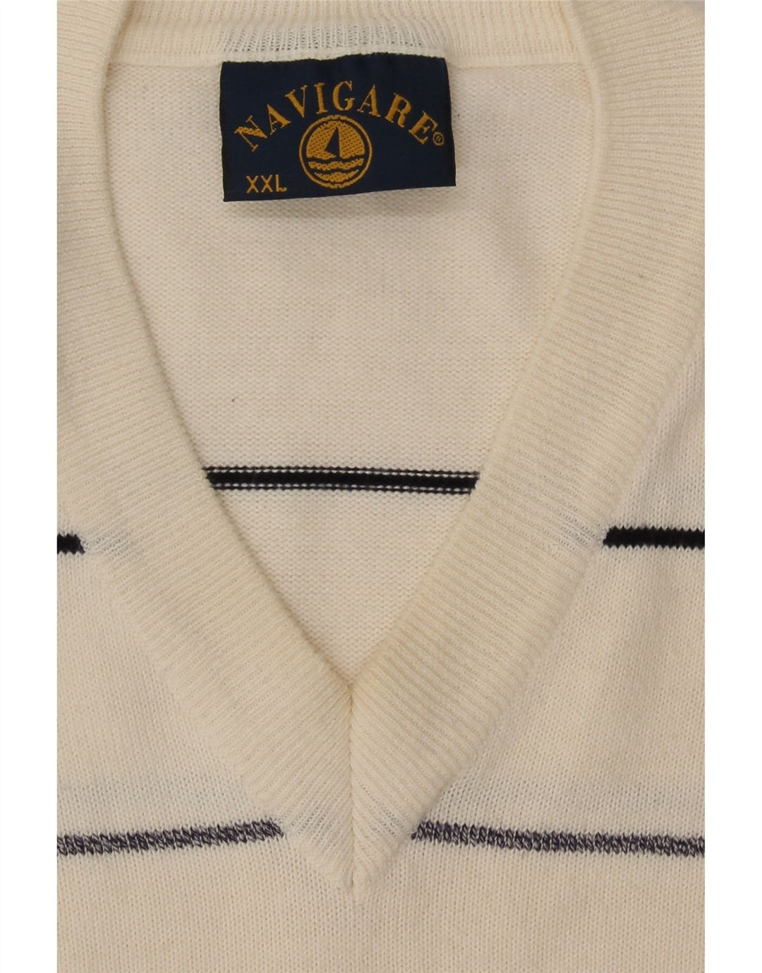 NAVIGARE Mens V-Neck Jumper Sweater 2XL White Colourblock Cotton Vintage Navigare and Second-Hand Navigare from Messina Hembry 