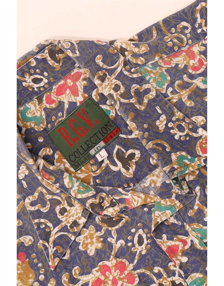 Camisa masculina vintage de manga curta grande azul floral