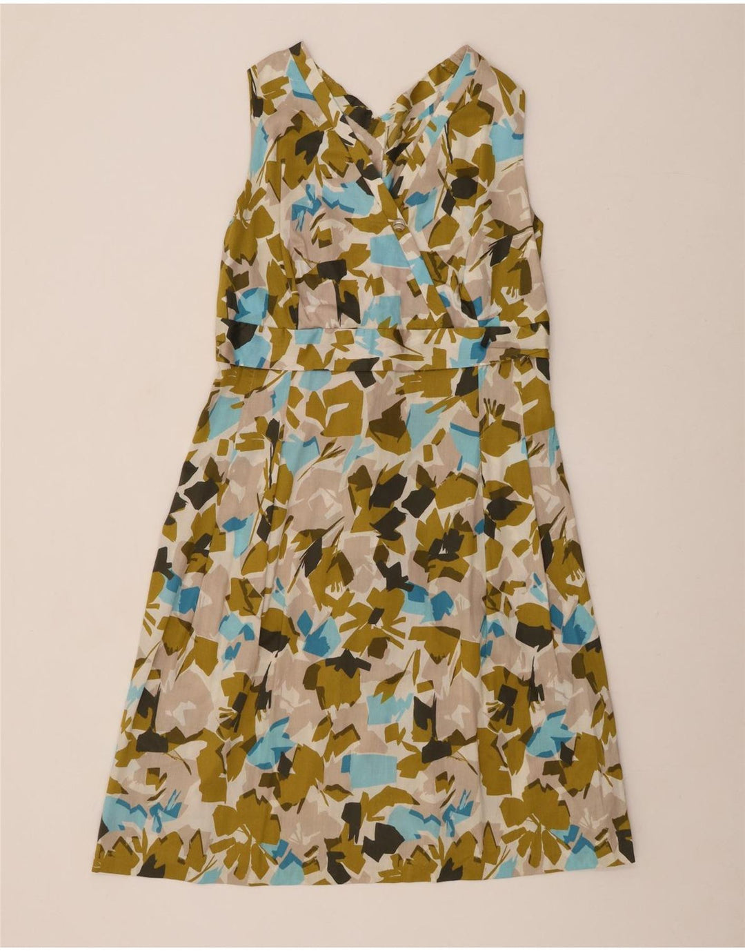Vestido feminino VINTAGE com estampa abstrata sem mangas evasê Reino Unido 12 verde médio