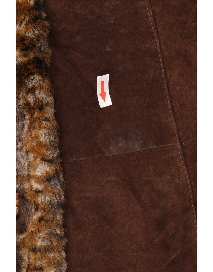 Sobretudo de camurça vintage feminino Reino Unido 14 grande couro marrom com estampa animal