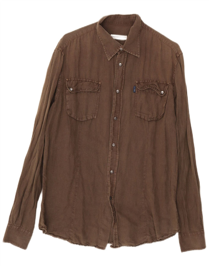 Camisa masculina Trussardi grande linho cáqui