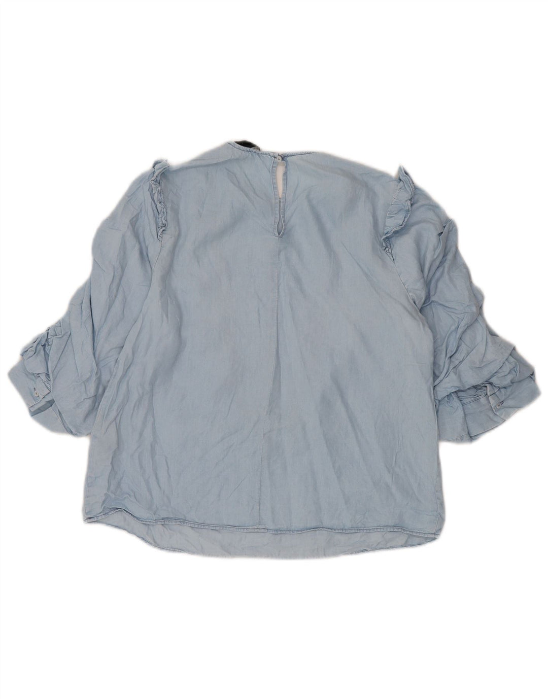 Blusa feminina Zara manga 3/4 com babado frontal Reino Unido 10 pequeno azul Lyocell