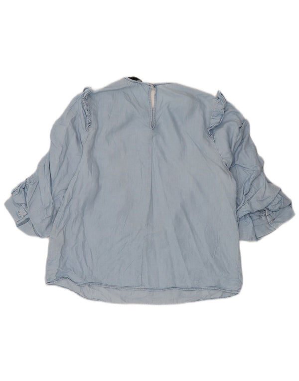 Blusa feminina Zara manga 3/4 com babado frontal Reino Unido 10 pequeno azul Lyocell
