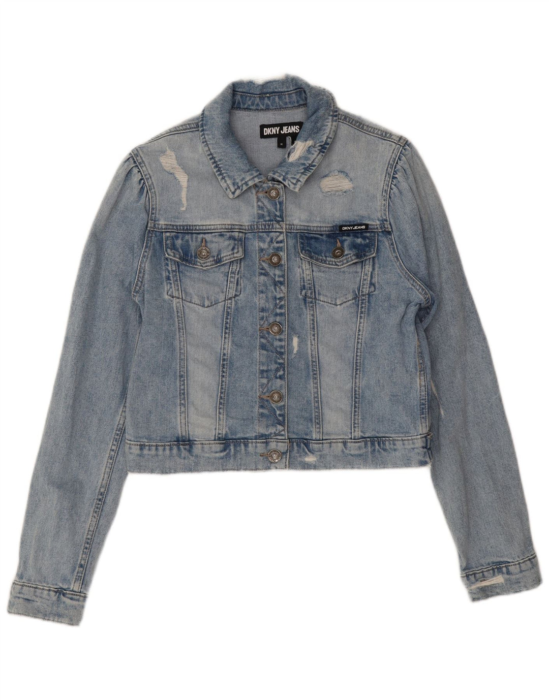 Jaqueta jeans feminina Dkny crop angustiada Reino Unido 14 algodão azul médio