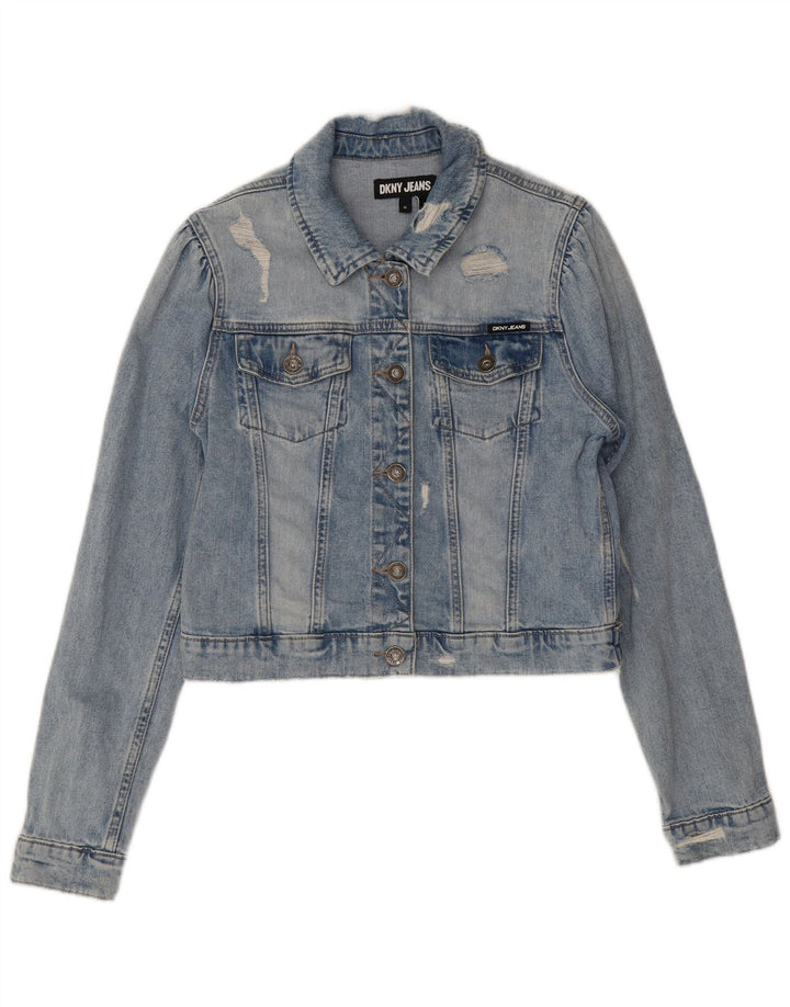 Jaqueta jeans feminina Dkny crop angustiada Reino Unido 14 algodão azul médio