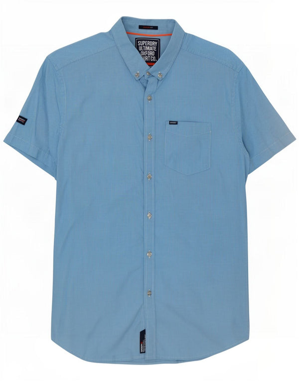 Camisa masculina Superdry manga curta regular fit médio azul houndstooth algodão