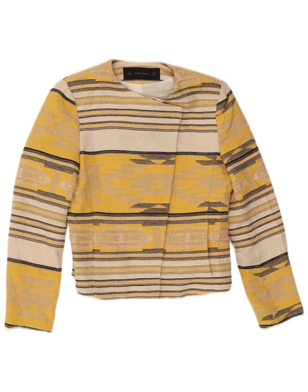 Zara Womens Crop Open Blazer Jacket Reino Unido 10 Pequeno Acetato Listrado Amarelo