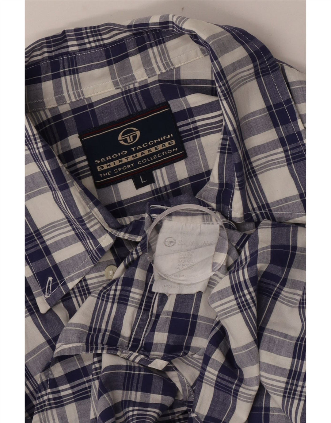 Camisa masculina de manga curta Sergio Tacchini grande algodão xadrez azul marinho