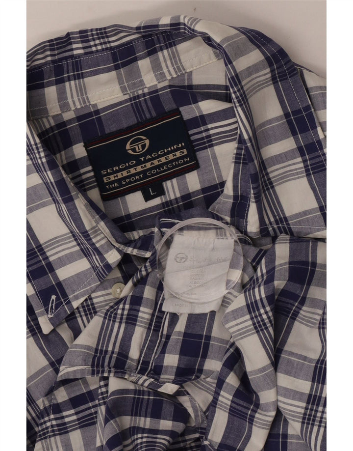 Camisa masculina de manga curta Sergio Tacchini grande algodão xadrez azul marinho