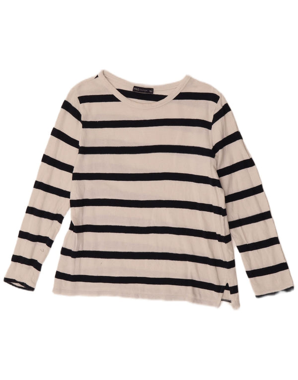 Top feminino Marks & Spencer manga comprida Reino Unido 12 algodão listrado branco médio