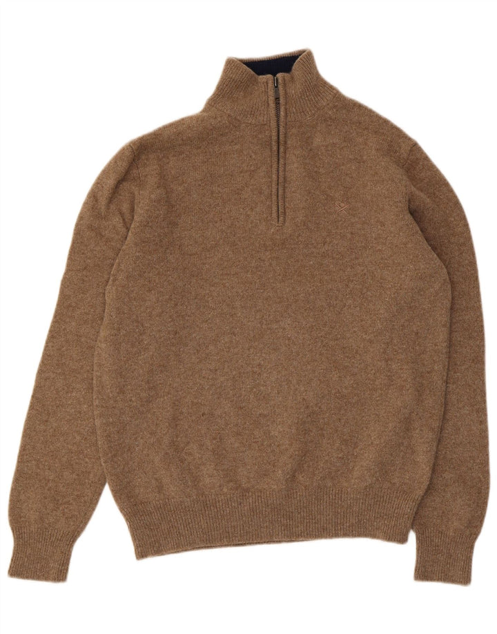 Suéter feminino Hackett com gola e zíper Reino Unido 14 lã de carneiro marrom médio