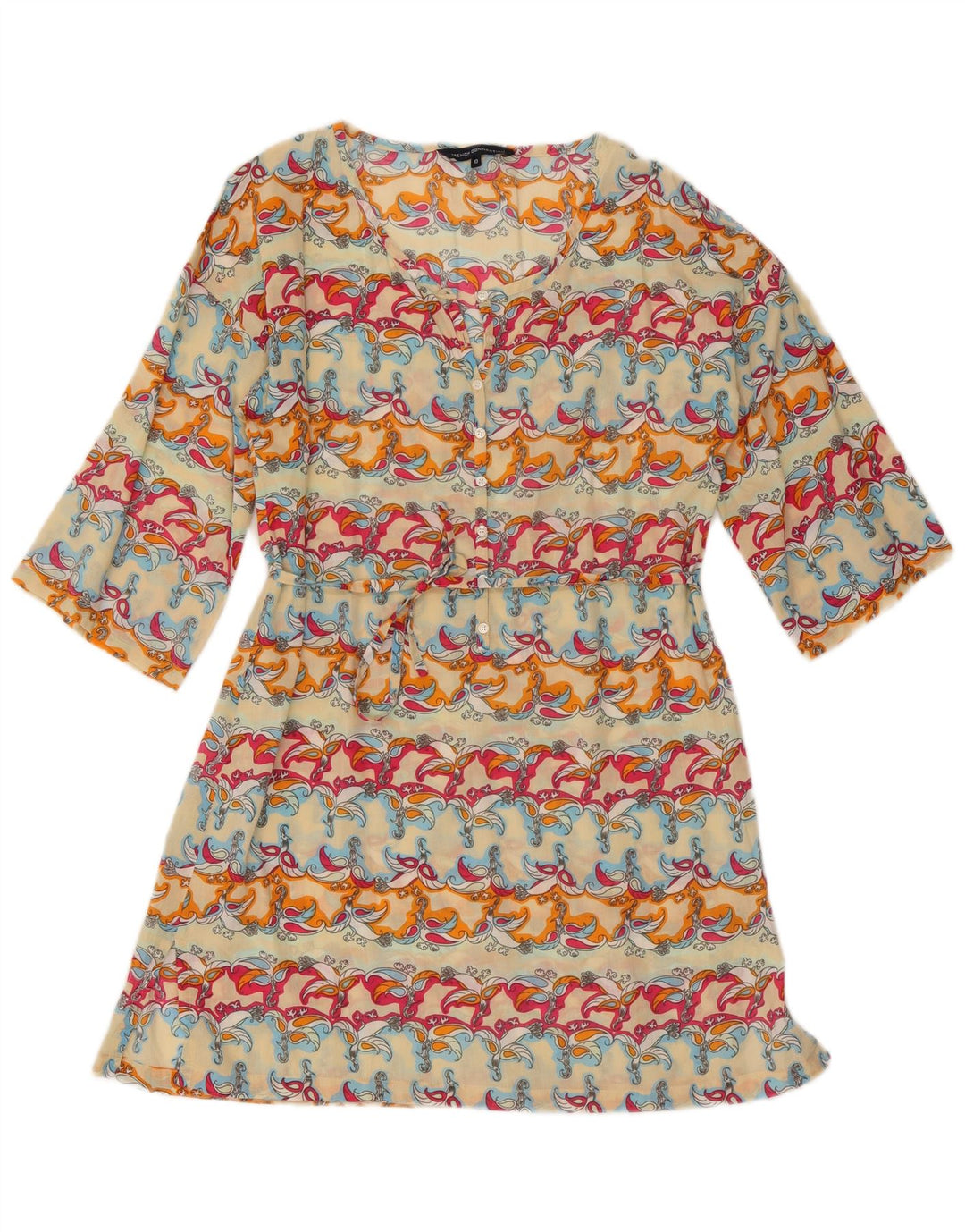 Vestido feminino French Connection manga 3/4 linha A Reino Unido 10 pequeno multicolorido