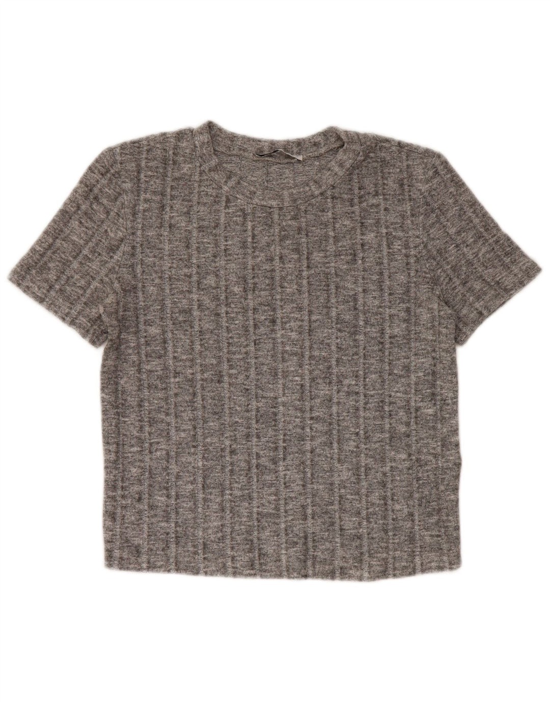 Camiseta feminina Zara Crop Top UK 10 poliéster manchado cinza pequeno
