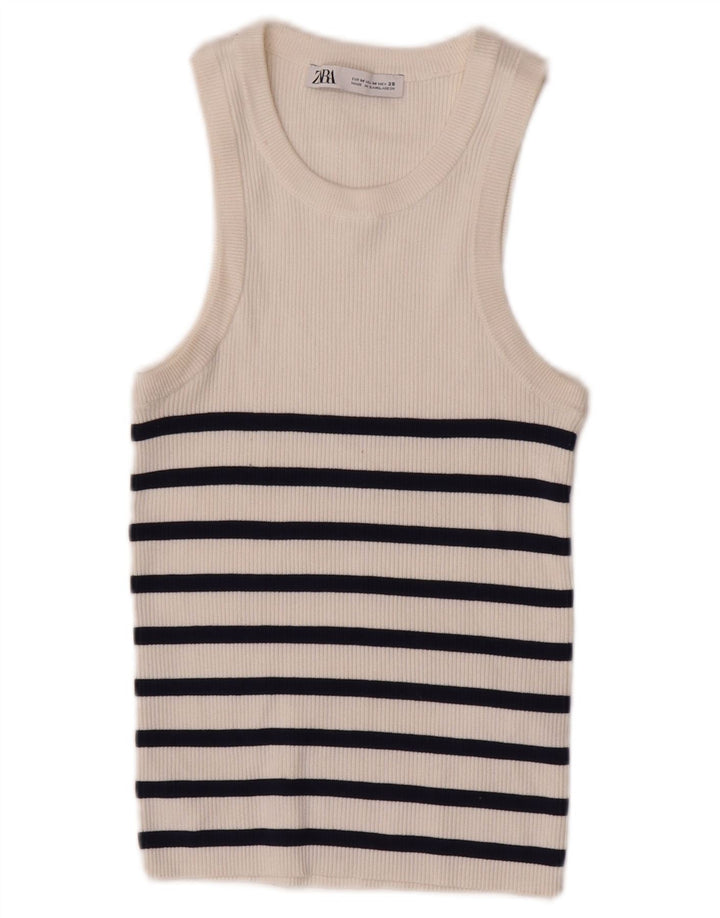 Zara Womens Crop Vest Top UK 12 Médio Branco Listrado Viscose