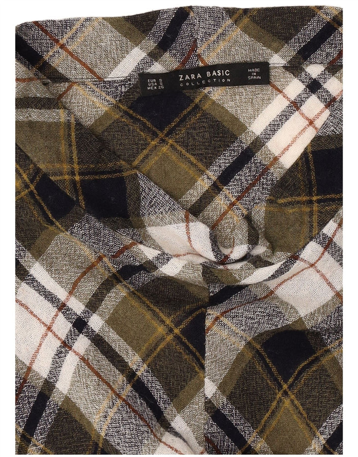 Blusa feminina de manga comprida Zara UK 10 pequena xadrez cáqui