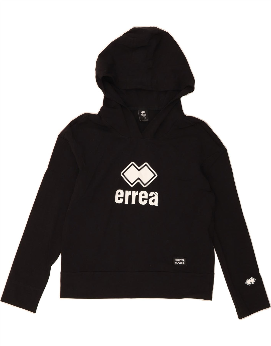 ERREA Womens Graphic Hoodie Jumper UK 10 Small Black Cotton Vintage Errea and Second-Hand Errea from Messina Hembry 