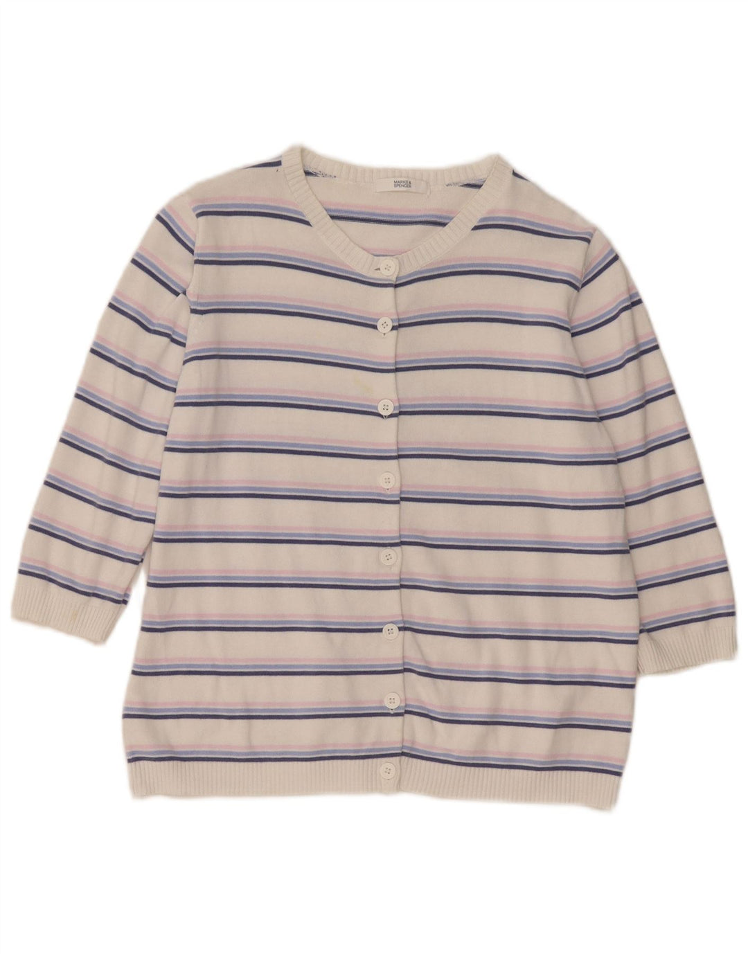 Suéter cardigã feminino Marks & Spencer Reino Unido 16 grande listrado branco