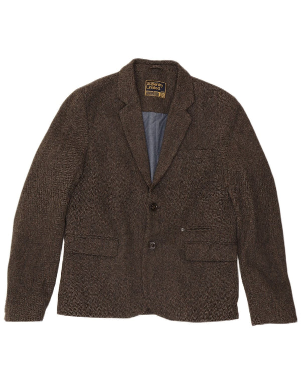 Jaqueta blazer masculina Superdry com 2 botões Reino Unido 44 2XL marrom espinha de peixe algodão